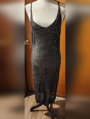 Sheer Metallic Knit Dress in Black and Silver M